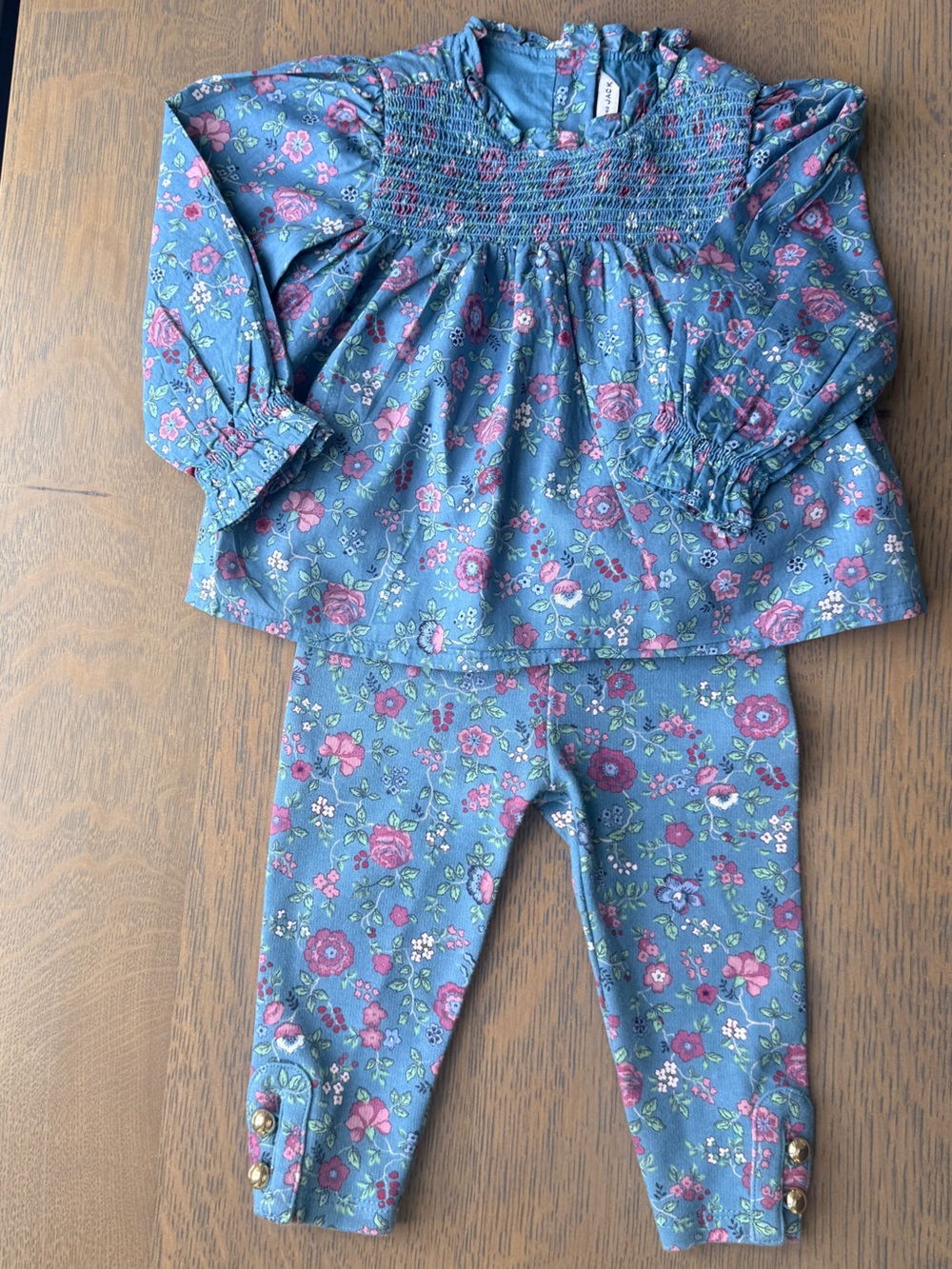 Janie and Jack Floral Smocked Top with matching button ponte pants - 6-12 Months